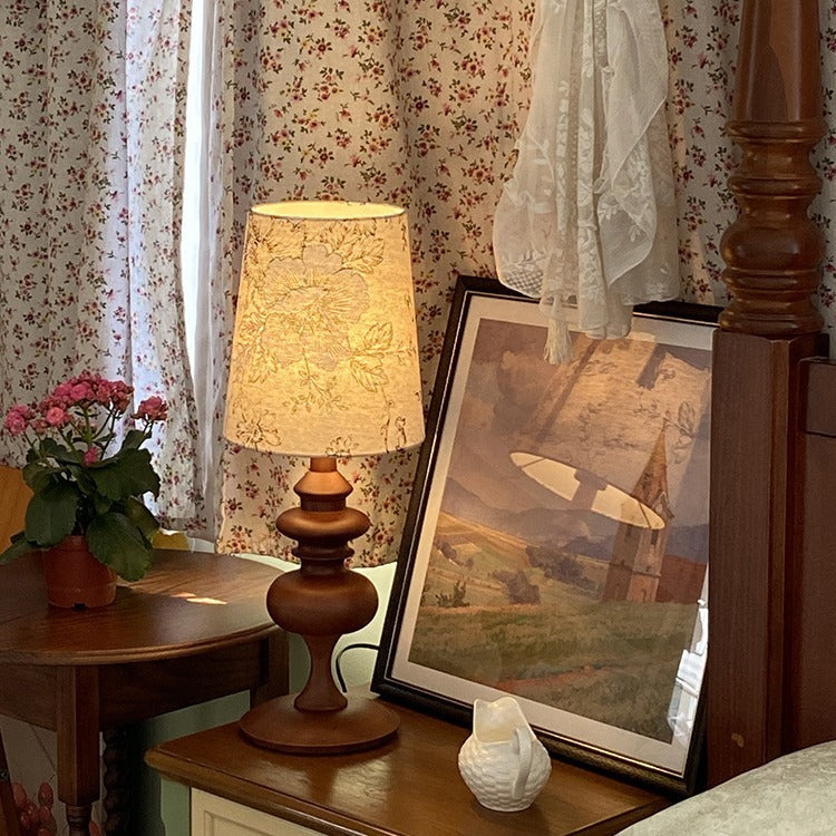 Traditional Vintage Round Solid Wood Base Trapezoidal Floral Fabric Shade 1-Light Table Lamp For Bedroom