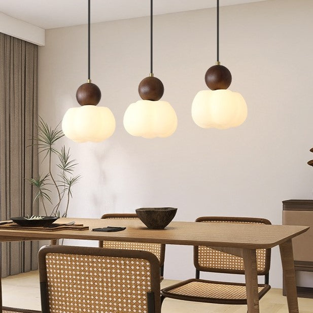 Traditional Vintage Orb Pumpkin Shape Wood Plastic Shade 1-Light Pendant Light For Living Room