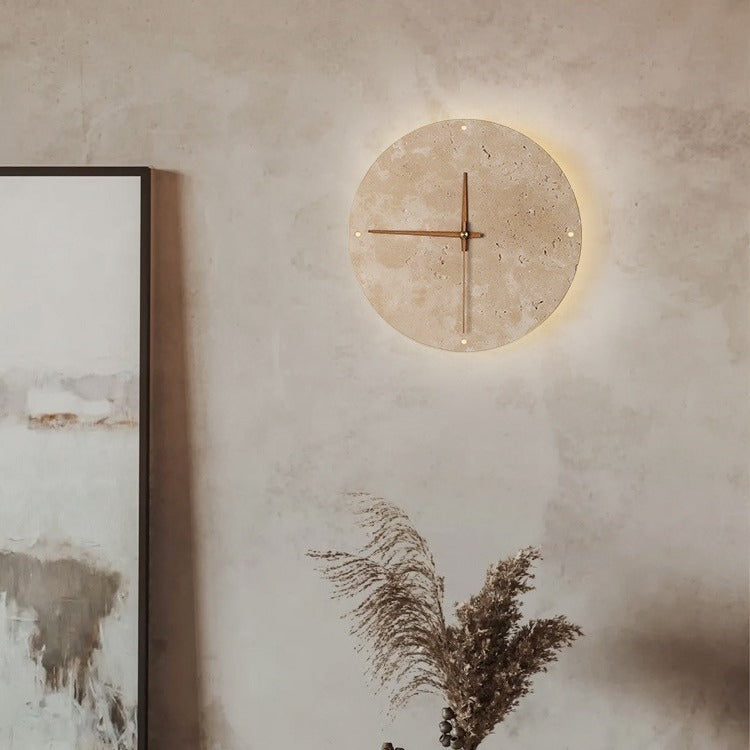 Modern Minimalist Round Clock Yellow Travertine Wood LED Wall Sconce Lamp For Living Room