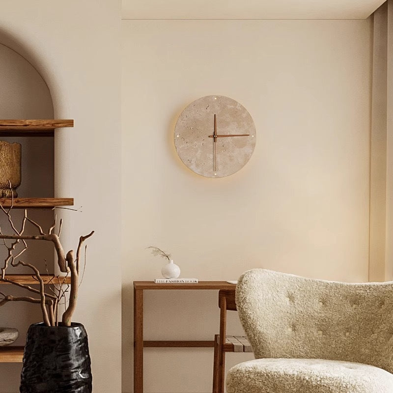 Modern Minimalist Round Clock Yellow Travertine Wood LED Wall Sconce Lamp For Living Room