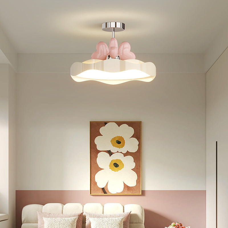 Contemporary Creative Round Wave Heart Iron Acrylic PU LED Semi-Flush Mount Ceiling Light For Bedroom