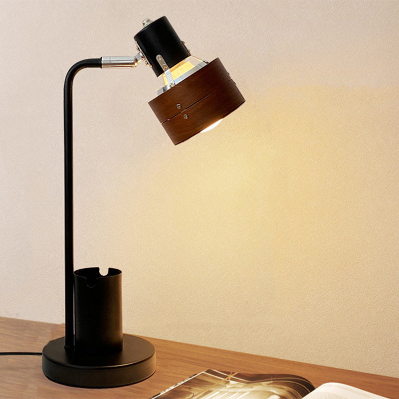 Contemporary Retro Round Wood Shade Iron Frame 1-Light Table Lamp For Bedroom