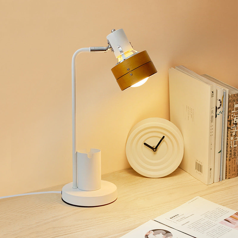 Contemporary Retro Round Wood Shade Iron Frame 1-Light Table Lamp For Bedroom