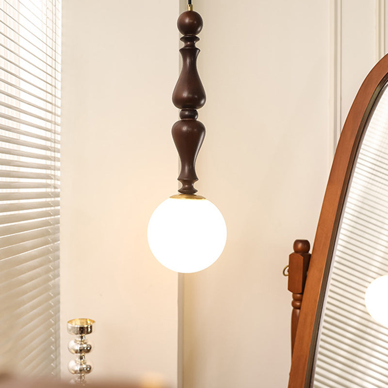Traditional Vintage Cylinder Orb Wood Aluminum Frame Glass 1-Light Pendant Light For Living Room