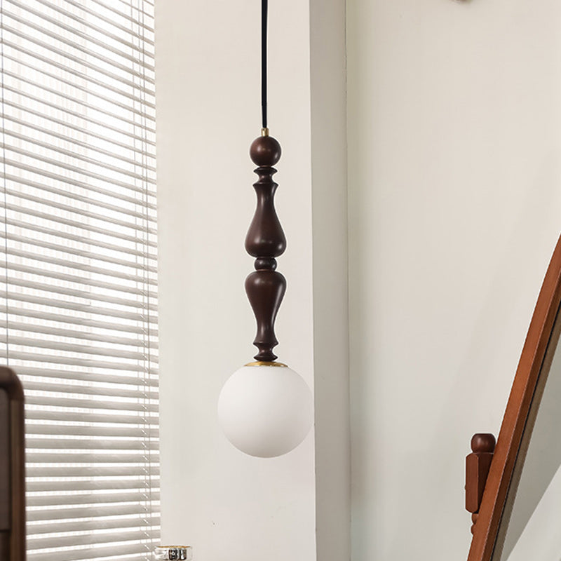 Traditional Vintage Cylinder Orb Wood Aluminum Frame Glass 1-Light Pendant Light For Living Room