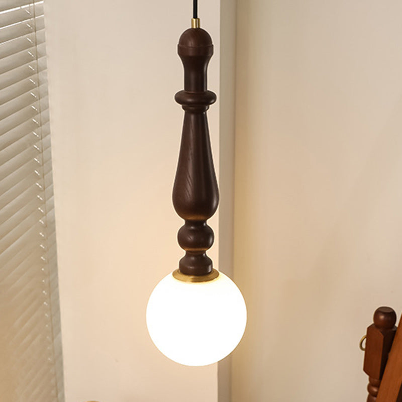 Traditional Vintage Cylinder Orb Wood Aluminum Frame Glass 1-Light Pendant Light For Living Room