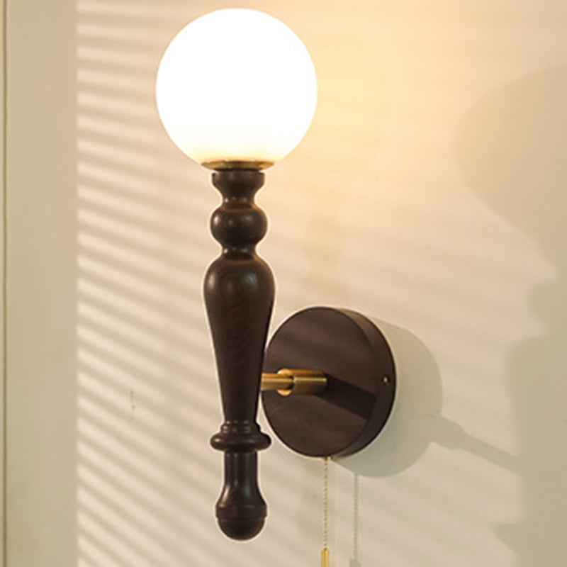 Traditional Vintage Cylinder Orb Wood Aluminum Frame Glass 1-Light Wall Sconce Lamp For Bedroom