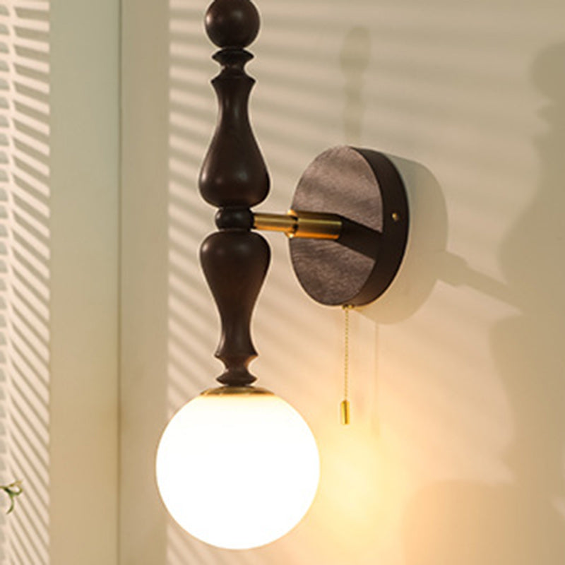 Traditional Vintage Cylinder Orb Wood Aluminum Frame Glass 1-Light Wall Sconce Lamp For Bedroom