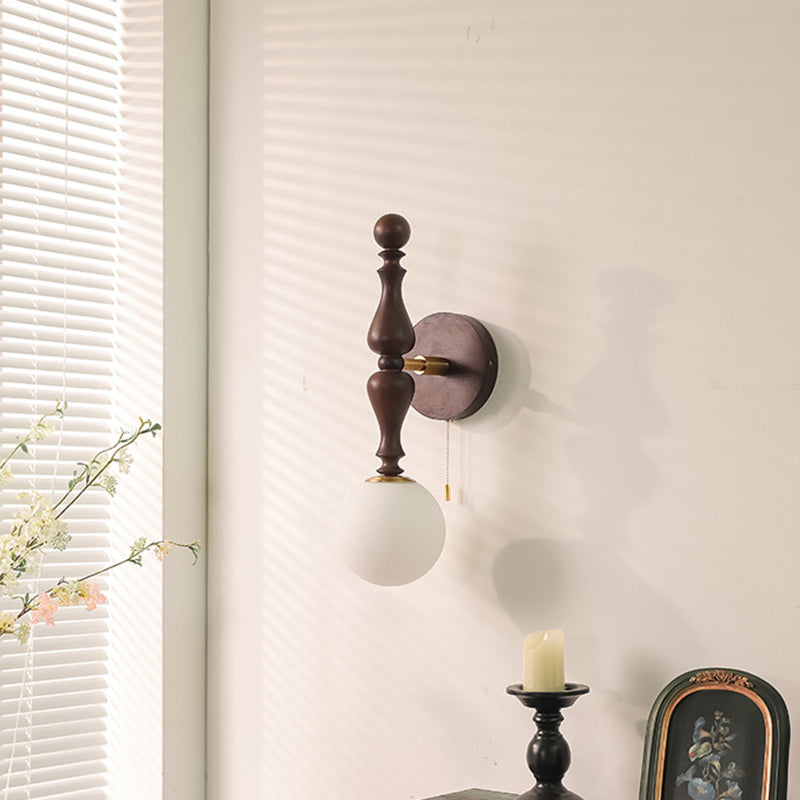 Traditional Vintage Cylinder Orb Wood Aluminum Frame Glass 1-Light Wall Sconce Lamp For Bedroom