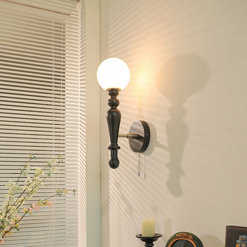 Traditional Vintage Cylinder Orb Wood Aluminum Frame Glass 1-Light Wall Sconce Lamp For Bedroom