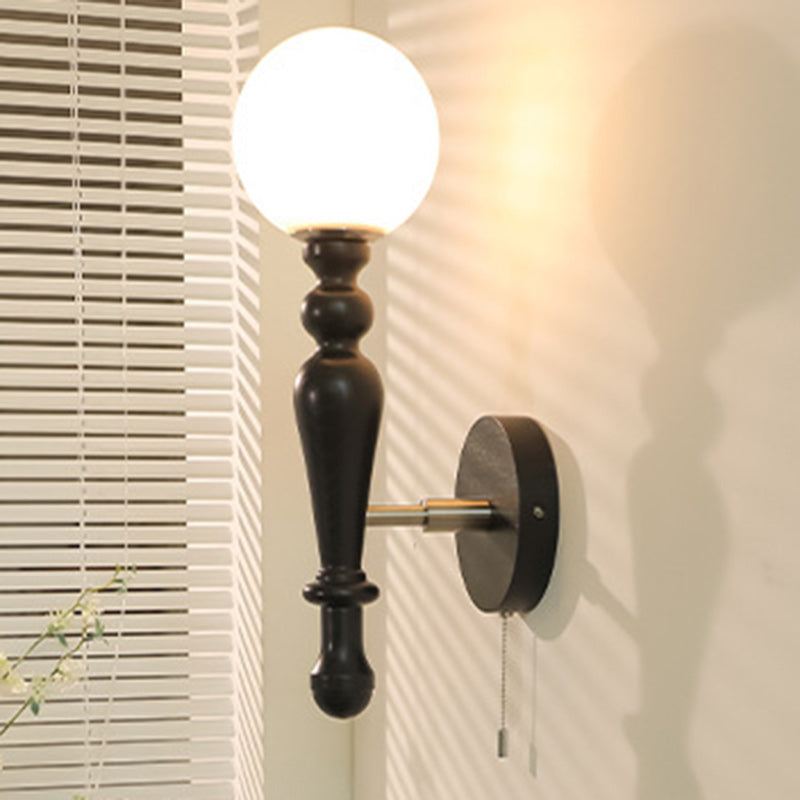 Traditional Vintage Cylinder Orb Wood Aluminum Frame Glass 1-Light Wall Sconce Lamp For Bedroom