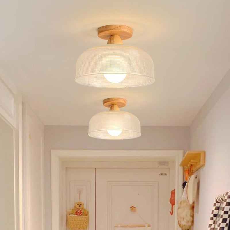 Contemporary Retro Round Dome Bowl Wood Glass 1-Light Semi-Flush Mount Ceiling Light For Living Room