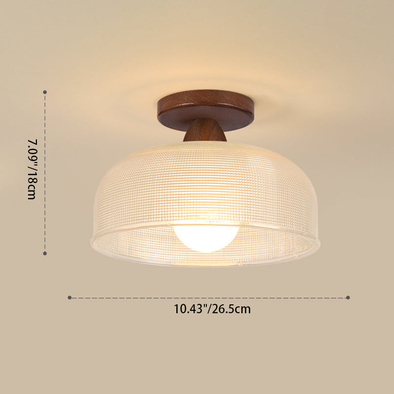 Contemporary Retro Round Dome Bowl Wood Glass 1-Light Semi-Flush Mount Ceiling Light For Living Room