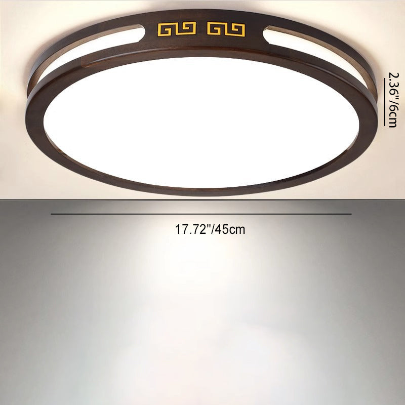 伝統的な中国風の円形四角形ラバーウッドフレームアクリルシェードLEDフラッシュマウントシーリングライト寝室用