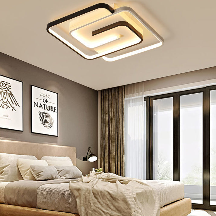 Modern Minimalist Square Line Iron PVC LED Semi-Flush Mount Ceiling Light For Bedroom