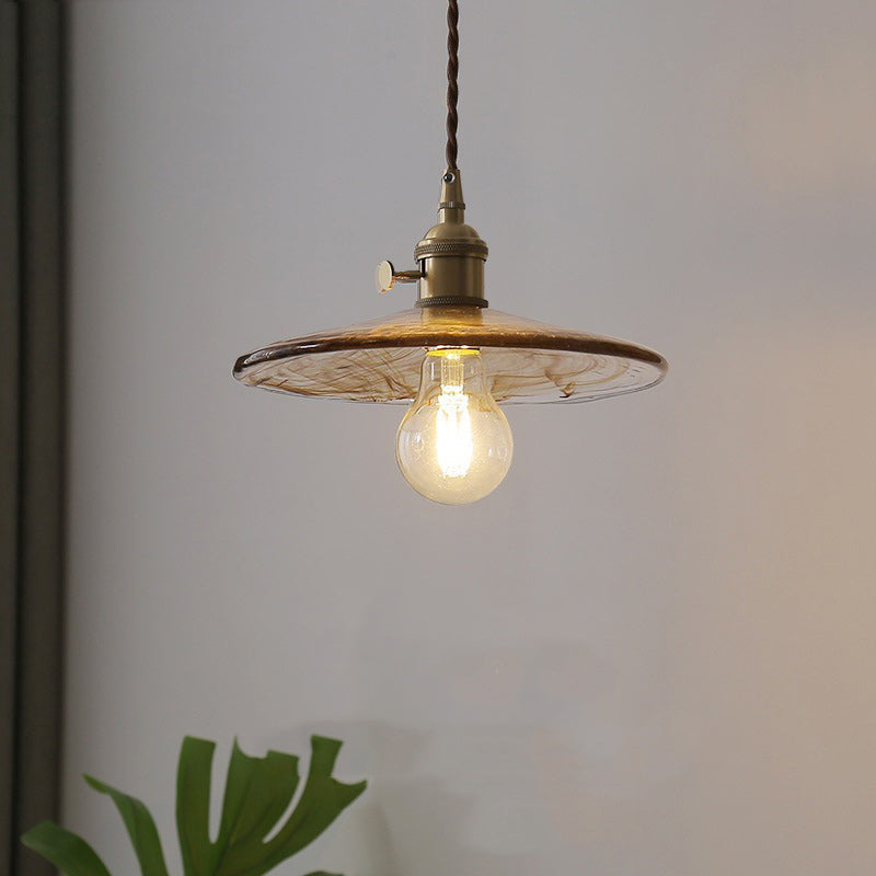 Contemporary Retro Round Plate Brass Glass 1-Light Pendant Light For Living Room