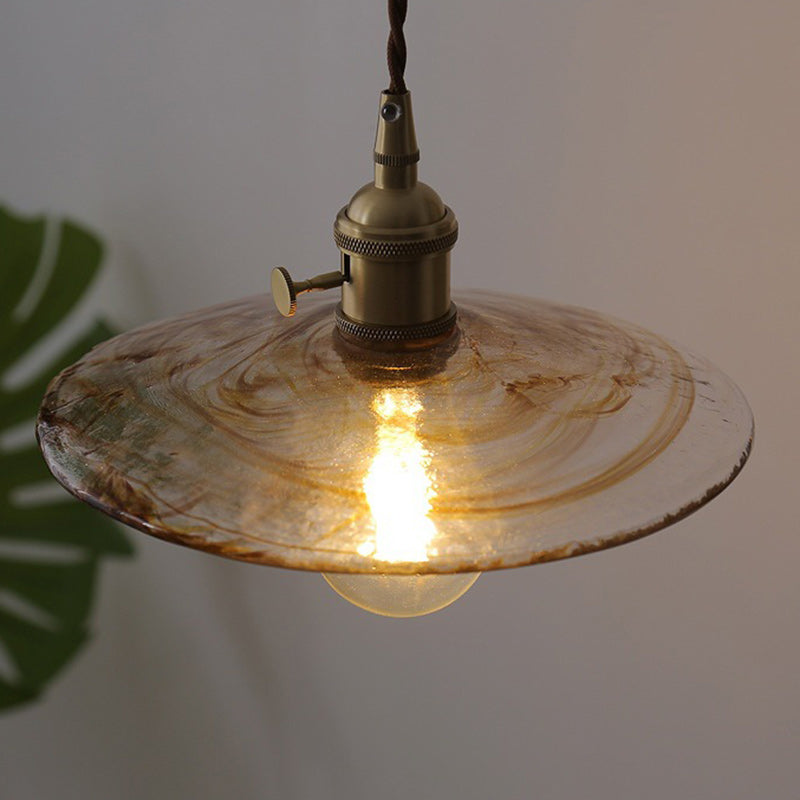 Contemporary Retro Round Plate Brass Glass 1-Light Pendant Light For Living Room