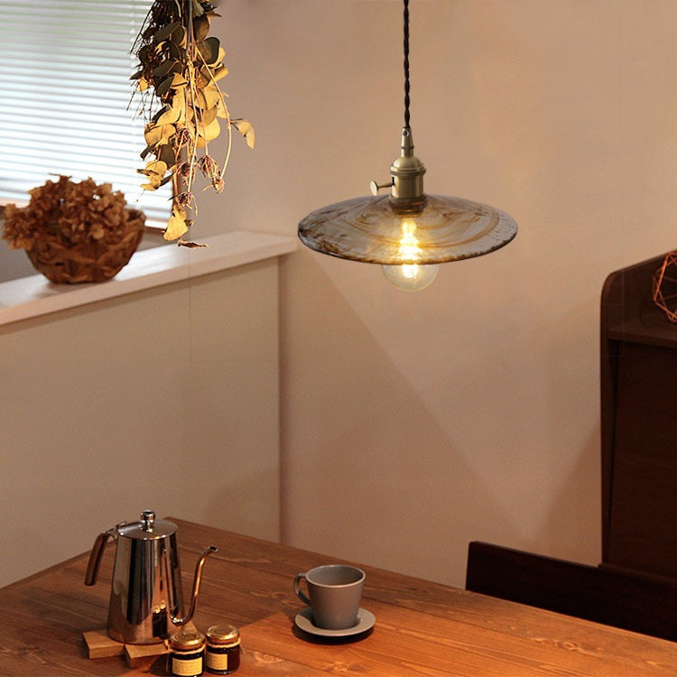 Contemporary Retro Round Plate Brass Glass 1-Light Pendant Light For Living Room