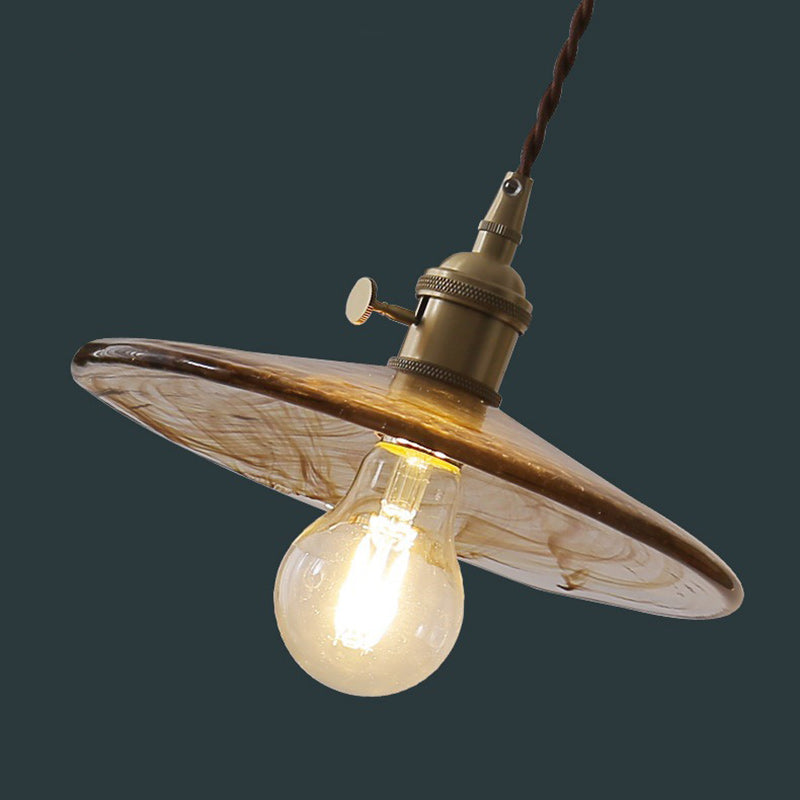 Contemporary Retro Round Plate Brass Glass 1-Light Pendant Light For Living Room
