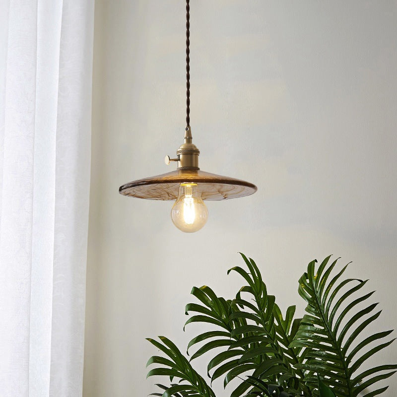 Contemporary Retro Round Plate Brass Glass 1-Light Pendant Light For Living Room