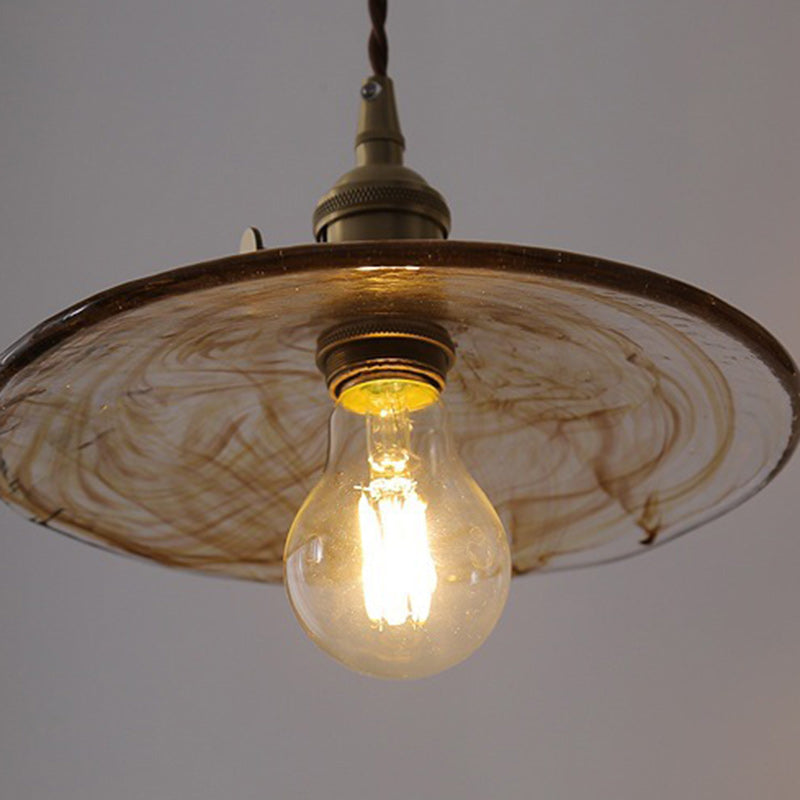 Contemporary Retro Round Plate Brass Glass 1-Light Pendant Light For Living Room