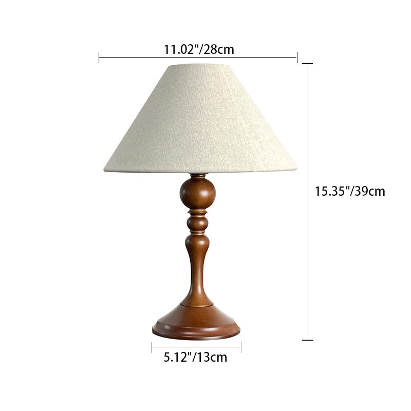 Traditional Vintage Round Trapezoidal Solid Wooden Base Fabric Shade 1-Light Table Lamp For Bedroom