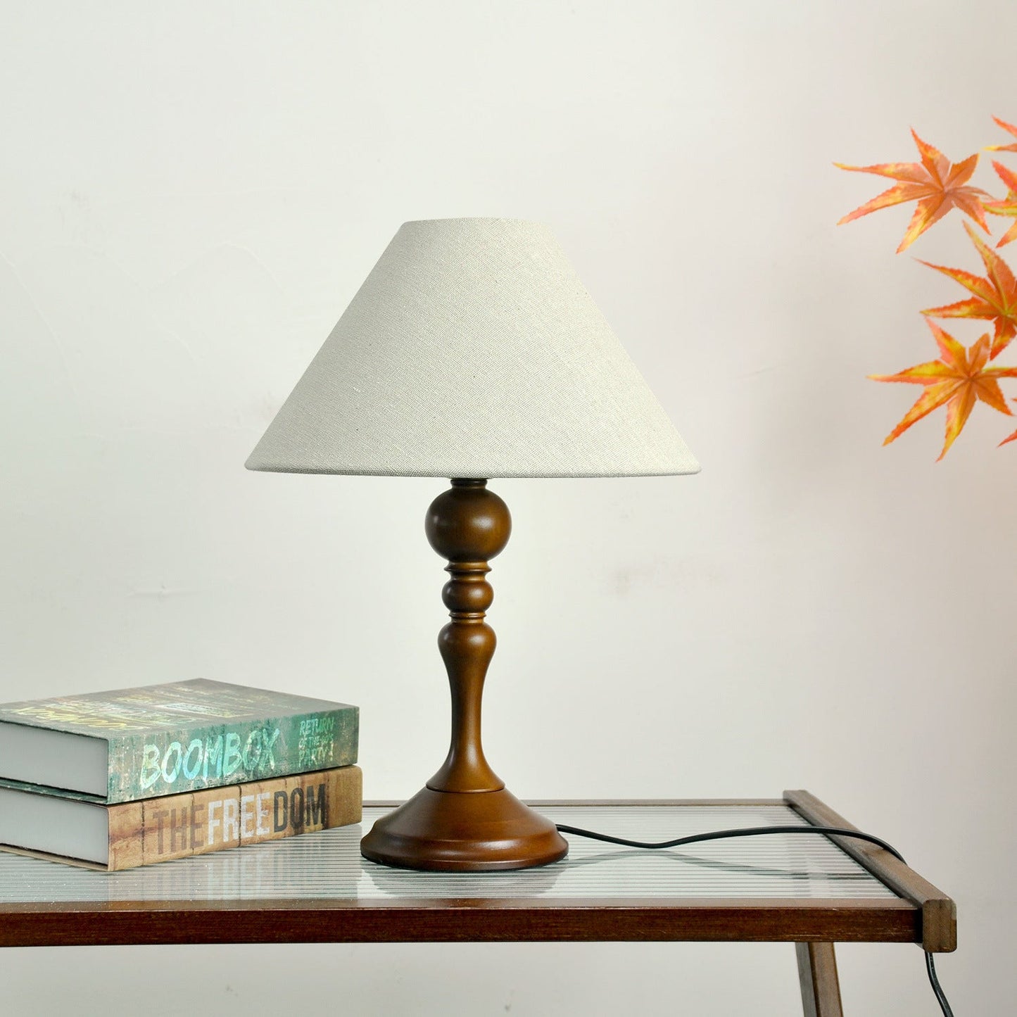 Traditional Vintage Round Trapezoidal Solid Wooden Base Fabric Shade 1-Light Table Lamp For Bedroom