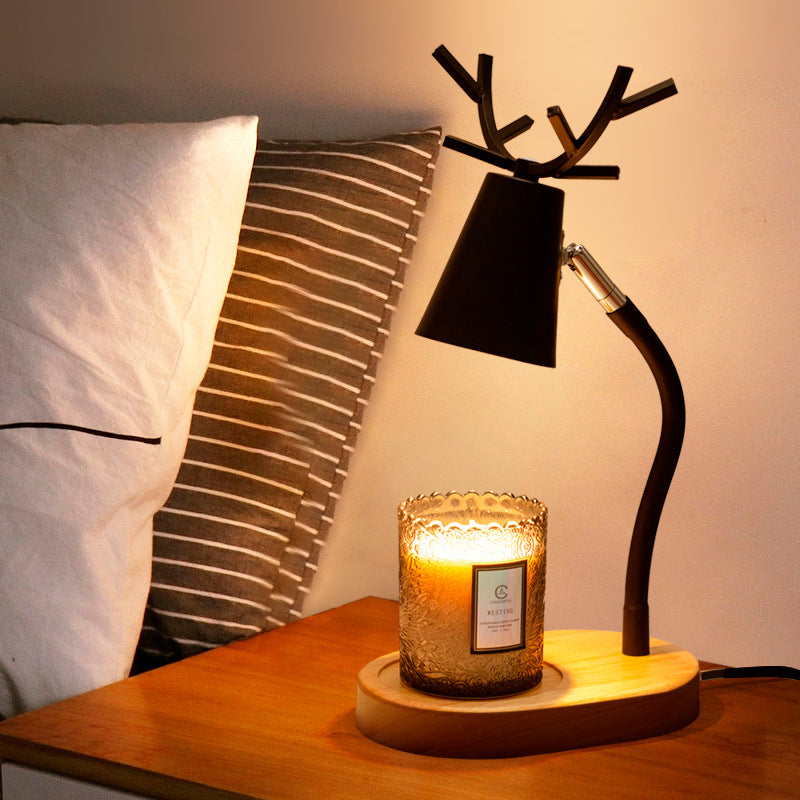 Modern Art Deco Cylinder Antler Wooden Base Iron Shade 1-Light Aromatherapy Melting Wax Table Lamp For Bedroom