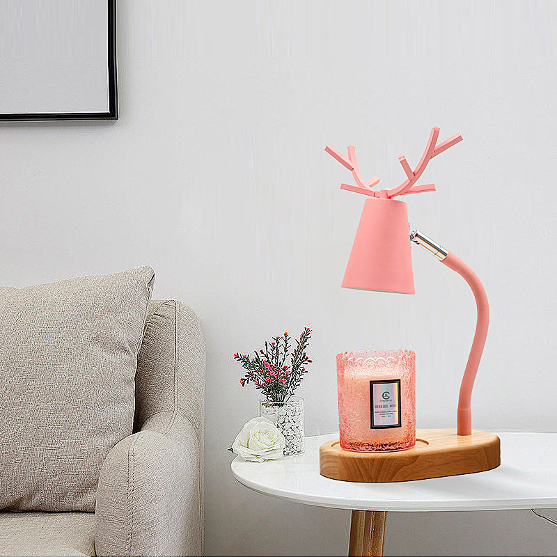 Modern Art Deco Cylinder Antler Wooden Base Iron Shade 1-Light Aromatherapy Melting Wax Table Lamp For Bedroom