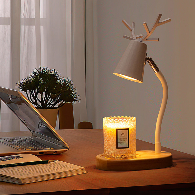 Modern Art Deco Cylinder Antler Wooden Base Iron Shade 1-Light Aromatherapy Melting Wax Table Lamp For Bedroom