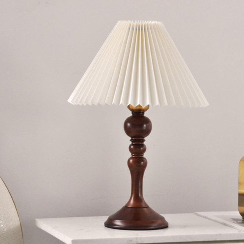 Contemporary Retro Solid Wood Base Pleated Fabric Shade 1-Light Table Lamp For Living Room