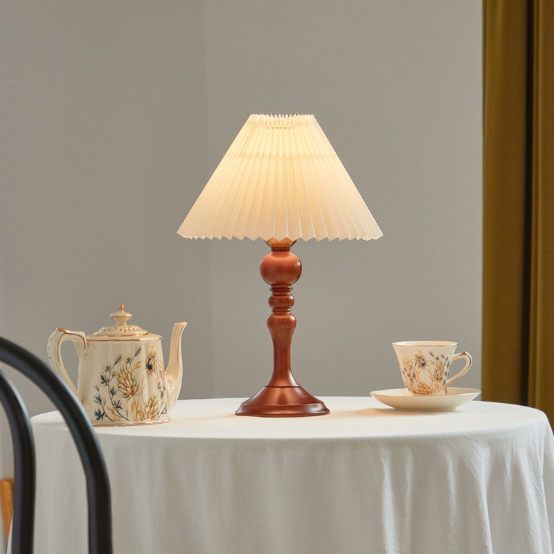 Contemporary Retro Solid Wood Base Pleated Fabric Shade 1-Light Table Lamp For Living Room