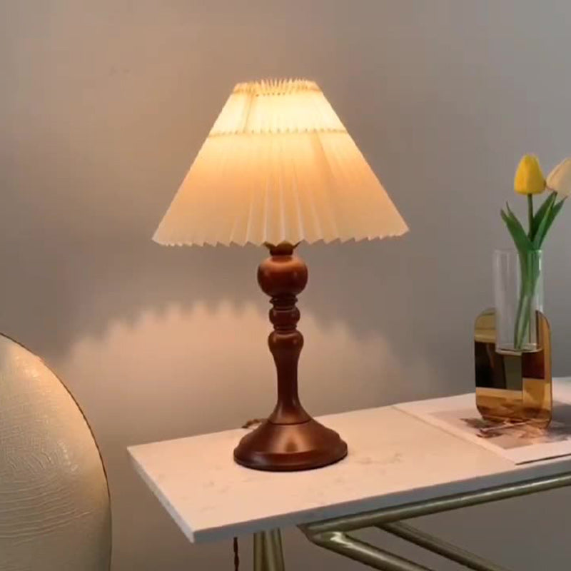 Contemporary Retro Solid Wood Base Pleated Fabric Shade 1-Light Table Lamp For Living Room