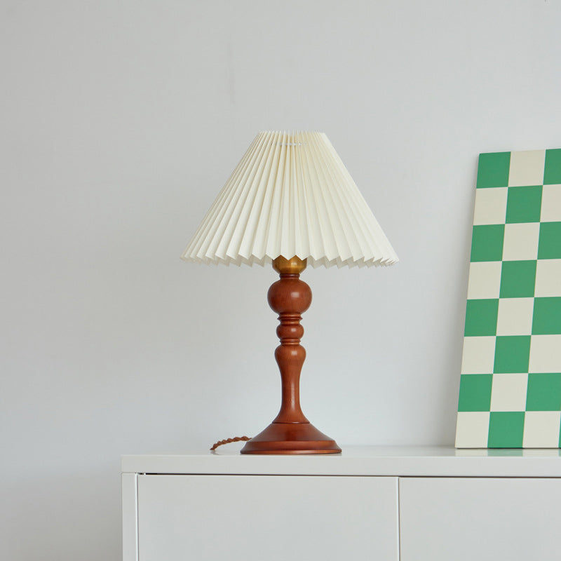 Contemporary Retro Solid Wood Base Pleated Fabric Shade 1-Light Table Lamp For Living Room