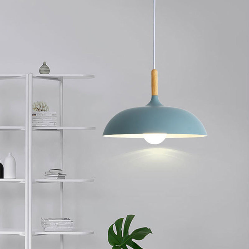 Modern Minimalist Round Pot Lid Shape Solid Wood Aluminum 1-Light Pendant Light For Living Room