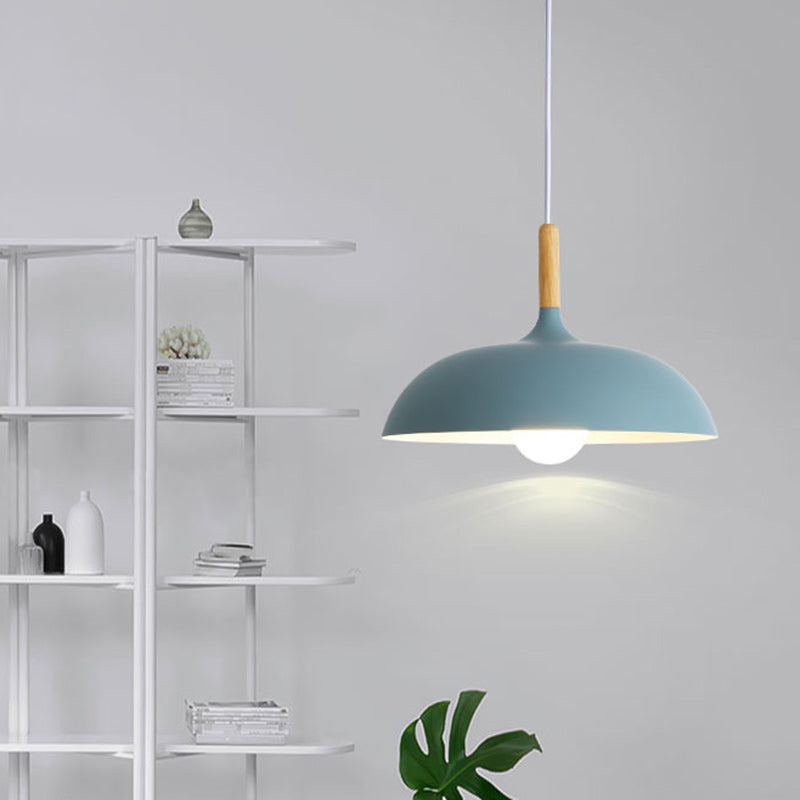 Modern Minimalist Round Pot Lid Shape Solid Wood Aluminum 1-Light Pendant Light For Living Room