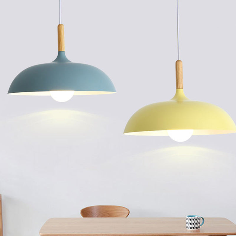 Modern Minimalist Round Pot Lid Shape Solid Wood Aluminum 1-Light Pendant Light For Living Room