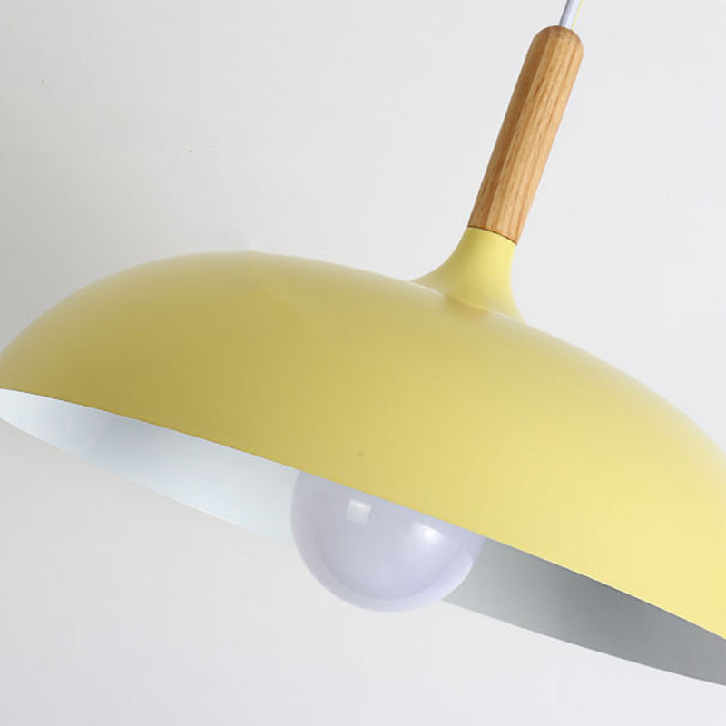 Modern Minimalist Round Pot Lid Shape Solid Wood Aluminum 1-Light Pendant Light For Living Room