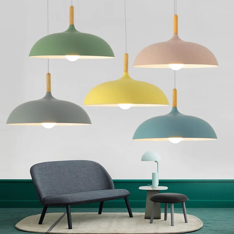 Modern Minimalist Round Pot Lid Shape Solid Wood Aluminum 1-Light Pendant Light For Living Room