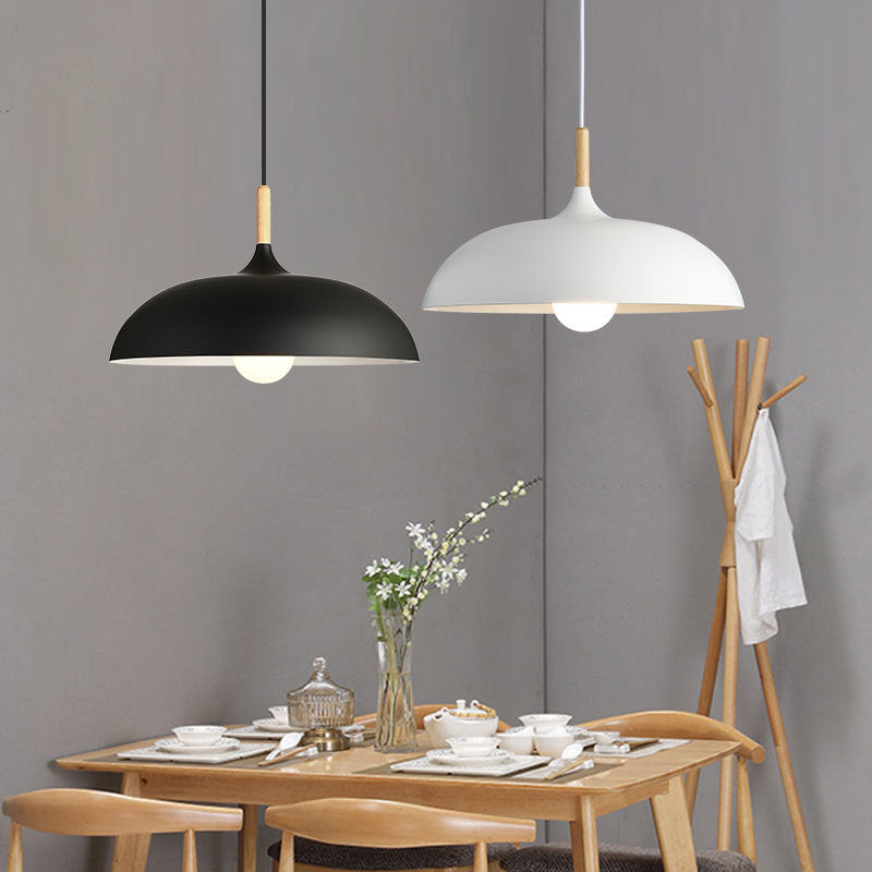Modern Minimalist Round Pot Lid Shape Solid Wood Aluminum 1-Light Pendant Light For Living Room
