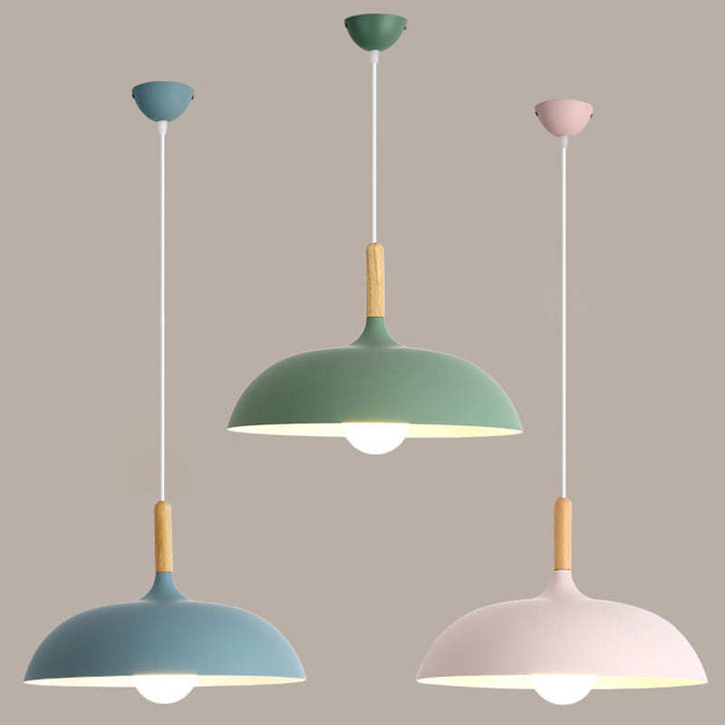 Modern Minimalist Round Pot Lid Shape Solid Wood Aluminum 1-Light Pendant Light For Living Room