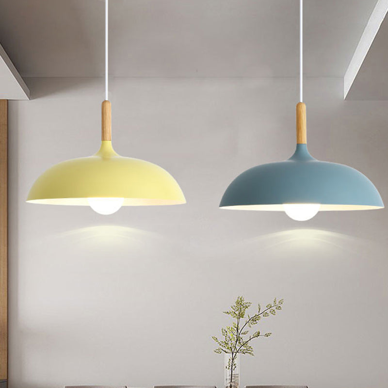 Modern Minimalist Round Pot Lid Shape Solid Wood Aluminum 1-Light Pendant Light For Living Room