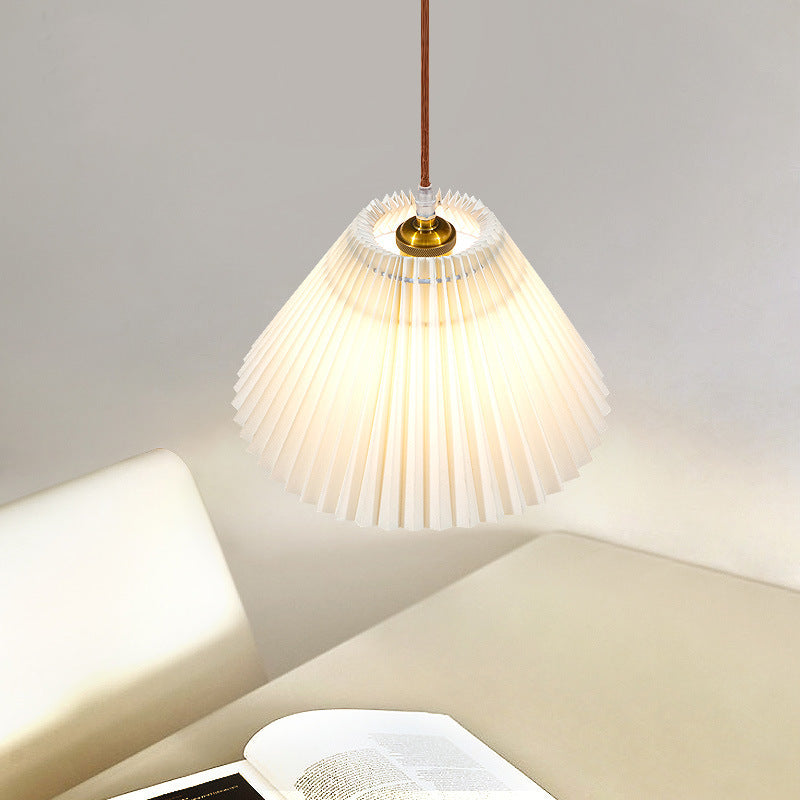 Modern Minimalist Round Pleated Fabric Solid Wood 1-Light Pendant Light For Living Room