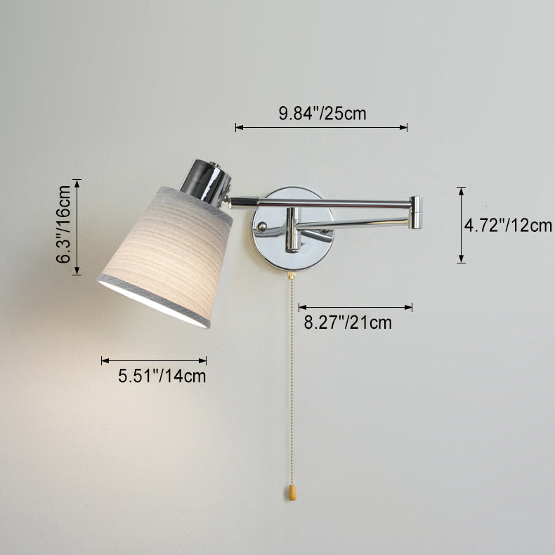 Modern Minimalist Swing Arm Round Cylinder Iron Fabric 1-Light Wall Sconce Lamp For Bedroom