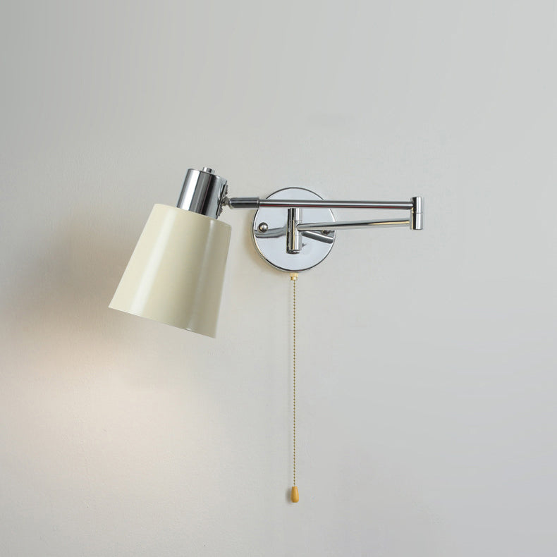 Modern Minimalist Swing Arm Round Cylinder Iron Fabric 1-Light Wall Sconce Lamp For Bedroom