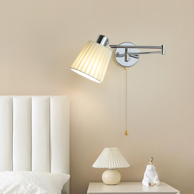 Modern Minimalist Swing Arm Round Cylinder Iron Fabric 1-Light Wall Sconce Lamp For Bedroom