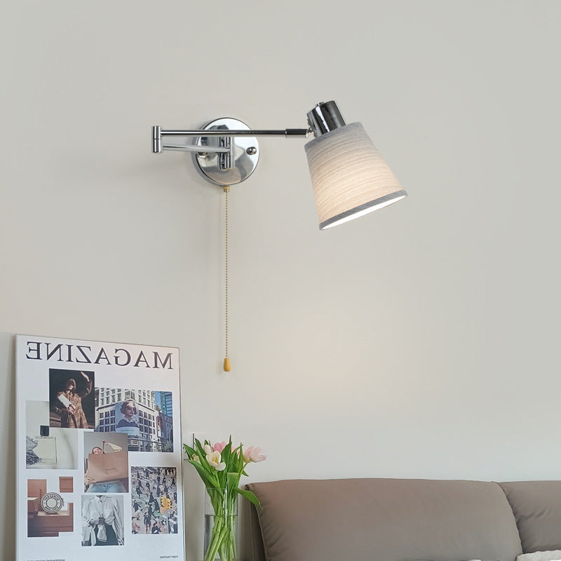 Modern Minimalist Swing Arm Round Cylinder Iron Fabric 1-Light Wall Sconce Lamp For Bedroom