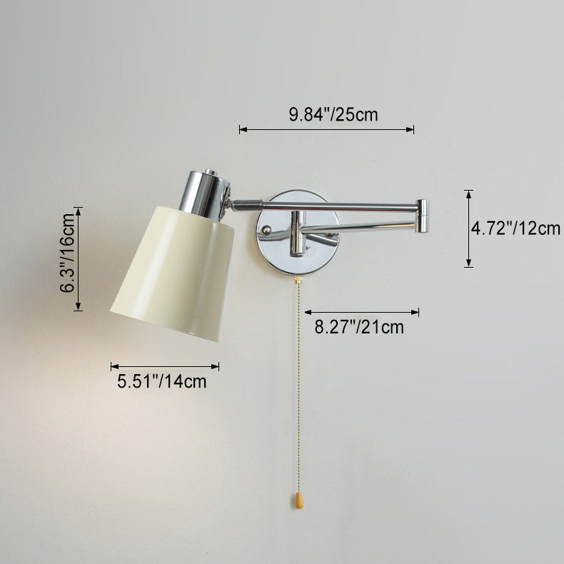 Modern Minimalist Swing Arm Round Cylinder Iron Fabric 1-Light Wall Sconce Lamp For Bedroom