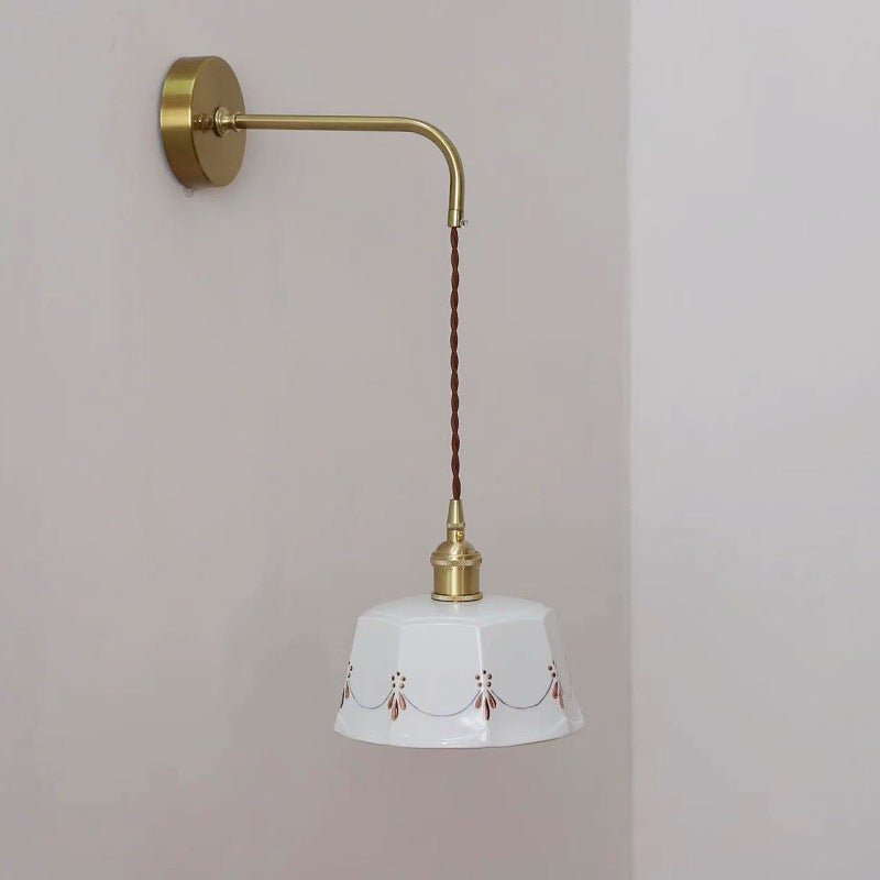 Traditional Vintage Round Hand Painted Pattern Brass Ceramic 1-Light Wall Sconce Lamp For Bedroom