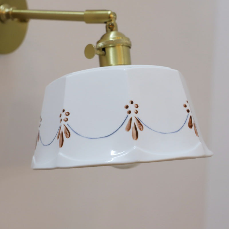 Traditional Vintage Round Hand Painted Pattern Brass Ceramic 1-Light Wall Sconce Lamp For Bedroom